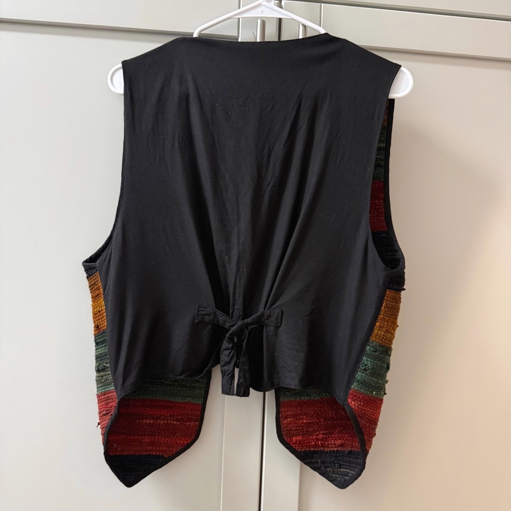 AJNY Woven Leather Vest Medium Earth Tone Striped Boho‎ Open Front Tie Back - Picture 2 of 11